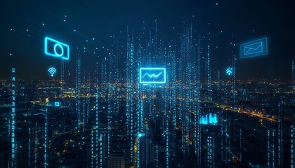 Neon Data Streams Flowing Over Urban Cityscape with Communication Icons
