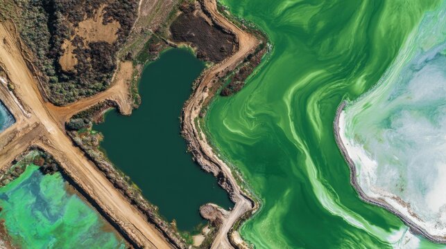 aerial view green algae polluted lake