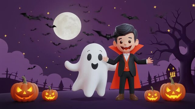 Cute cartoon-style ghost and vampire in a fun Halloween night scene with full moon, flying bats, glowing pumpkins. 3D animation look, vibrant colors, child-friendly 