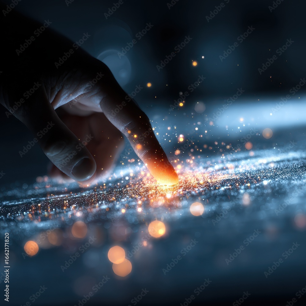 Poster futuristic digital interface with a hand interacting with glowing data particles on a virtual surfac