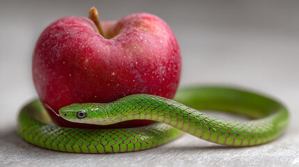 Green snake and red apple still life photography reptile serpent wildlife nature photography studio shot 100mm lens