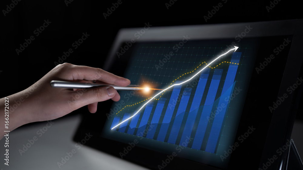 Poster a detailed view of a person analyzing a digital graph on a tablet screen. the graph shows an upward 