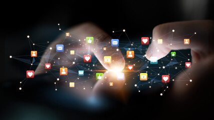 Social media interaction digital icons floating show concept of social media marketing. Online engagement, influencer marketing, and modern connection technology. Spline