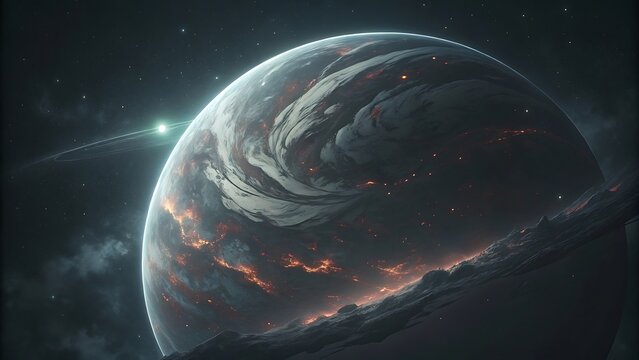 A distant alien planet with glowing volcanic activity and a thin ring system against a starry night sky