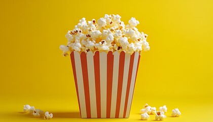 Popcorn overflowing striped bucket on yellow backdrop, fluffy, salty snack, food