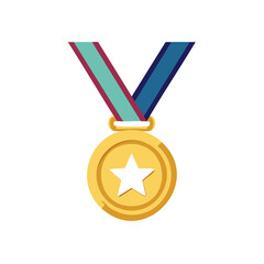 Shiny gold medal with colorful ribbon featuring a white star at the center representing achievement and success.