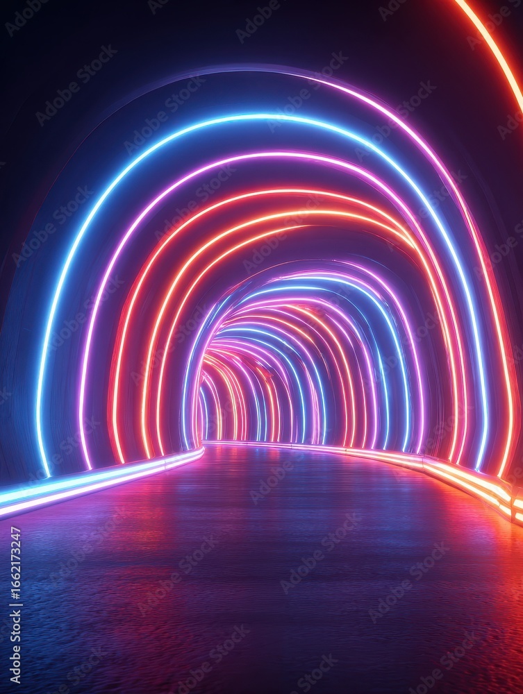 Poster abstract dynamic curved streaks of neon light in purple pink red orange and blue creating a futurist