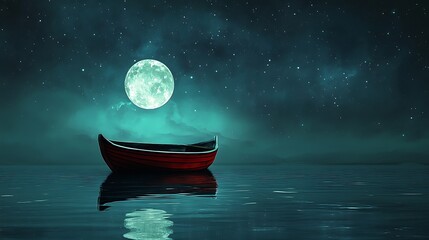 Red Boat on Still Water under Moonlit Night Sky with Twinkling Stars Scenery