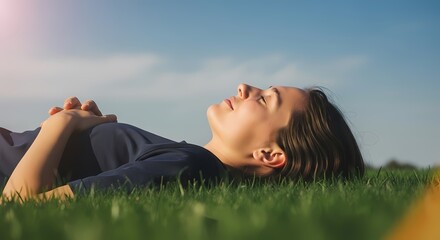 Serene woman peacefully rests on vibrant green grass, eyes closed, enjoying sunlit tranquility.