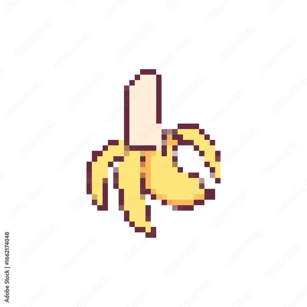 Poster pixel art banana icon with open peel in retro style, showcasing vibrant color contrast and simplicit