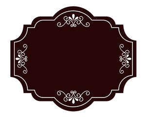 Vintage ornamental label frame with decorative swirls, dark burgundy background and classic vignette border, elegant retro template for wine, packaging, perfume and premium product design