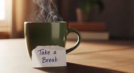 Steaming mug of coffee rests on a wooden table, a note saying "Take a Break" attached.