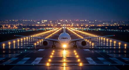 Fototapeta premium Airplane Taxiing on Runway at Night with City Lights in Background