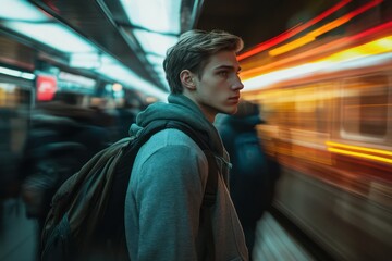 Confused man on busy subway platform