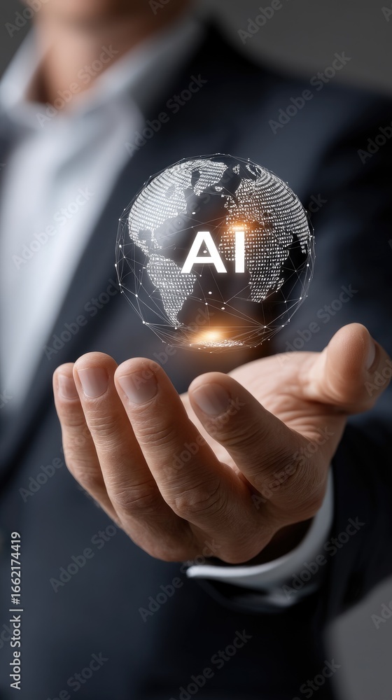 Poster holding a futuristic globe with digital world map showcasing ai technology and innovation in a profe