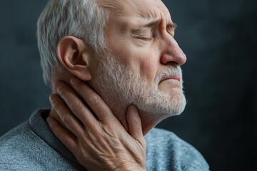 Obraz premium Elderly man holding neck in discomfort