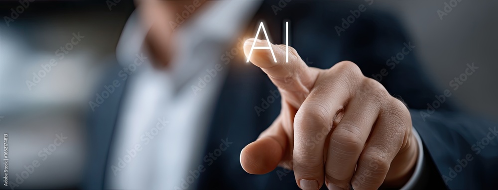 Poster business professional interacts with futuristic ai interface in office setting during work hours