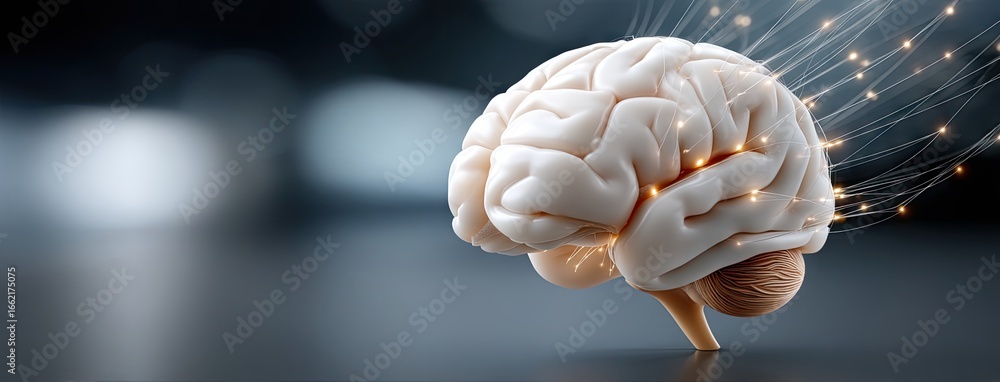 Poster conceptual representation of a human brain illustrating neural connections and cognitive activity in