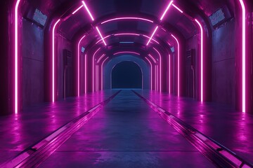 SciFi Tunnel with Neon Pink and Blue Lights, Futuristic Corridor Design