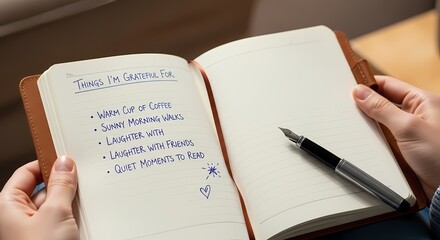 Hands holding an open journal with a handwritten list of things to be grateful for, including coffee, walks, laughter, and quiet moments, with a pen resting on the page.
