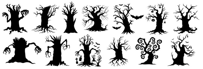 Haunted dark forest with creepy twisted trees, sinister silhouettes with monstrous faces, claw branches and cursed roots