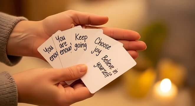 Hands holding small cards with handwritten positive affirmations and motivational messages, promoting self-belief and well-being.