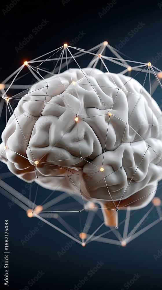 Poster exploration of human brain activity highlighted by glowing neural connections in a futuristic labora