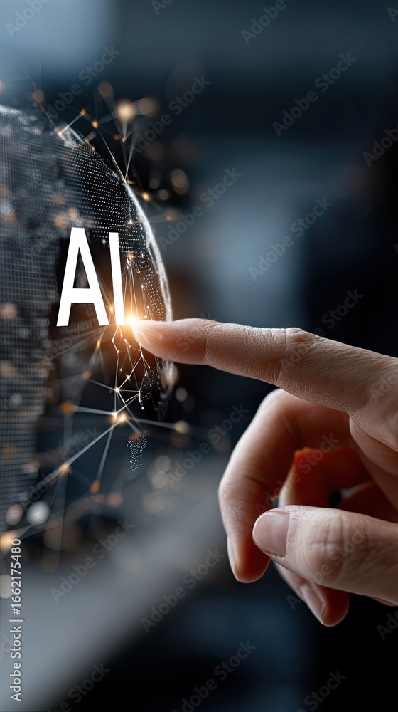 Poster finger touching a digital globe with ai technology symbol, highlighting global artificial intelligen
