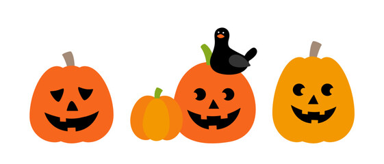 Set of cute Jack-o'-Lantern pumpkin element design.
Halloween pumpkin and crow flat vector illustration.
White background.