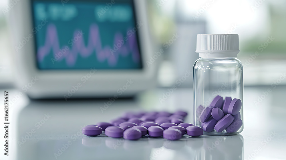 Poster bottle of purple pills on a counter next to a monitor displaying a heart rhythm graph.