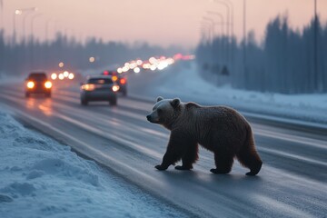 Wild bear crossing snowy road in winter dusk