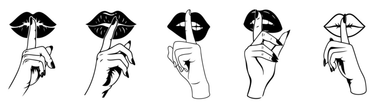 Lips and finger in shushing gesture, mysterious feminine symbol of silence, secrecy and intimacy, sensual mouth with elegant hand making hush sign, seductive of hidden emotions and unspoken words
