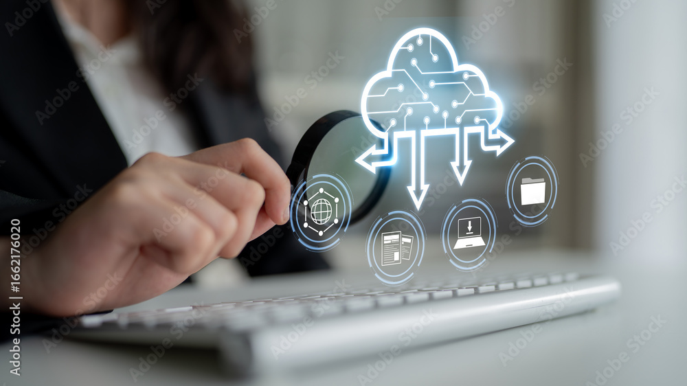 Poster cloud computing enables digital growth with secure data storage, scalable infrastructure, and strate