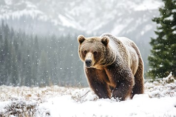 Wild grizzly bear in snowy mountain wilderness
