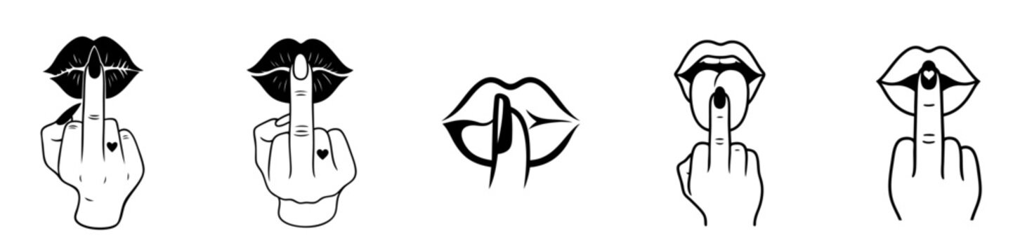 Middle finger lips gesture symbolizing shh silence, shut up, protest and provocative expression. Shut Up Lips and Finger Gesture &ndash; Silence Hand Signs, Sexy Mouths, Middle Finger Variations.
