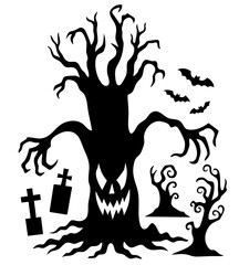 evil tree with creepy face, bats and graveyard crosses