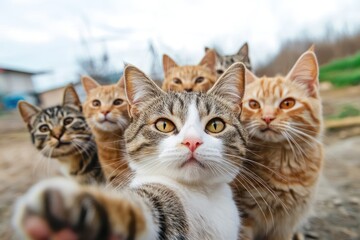Funny group of cats taking selfie together