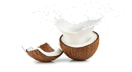 Cracked coconut with milk splash on white background.