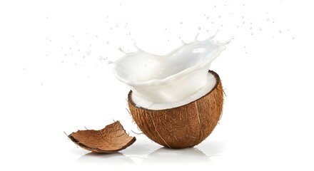 Cracked coconut with milk splash on white background.