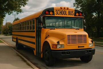 Iconic Yellow School Bus on Rural American Road: Nostalgic Childhood Travel and Education