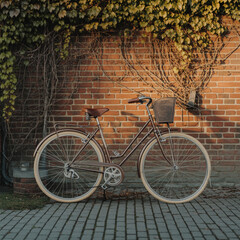 Fototapeta premium Charming vintage bicycle with basket parked against ivy-covered brick wall at sunset