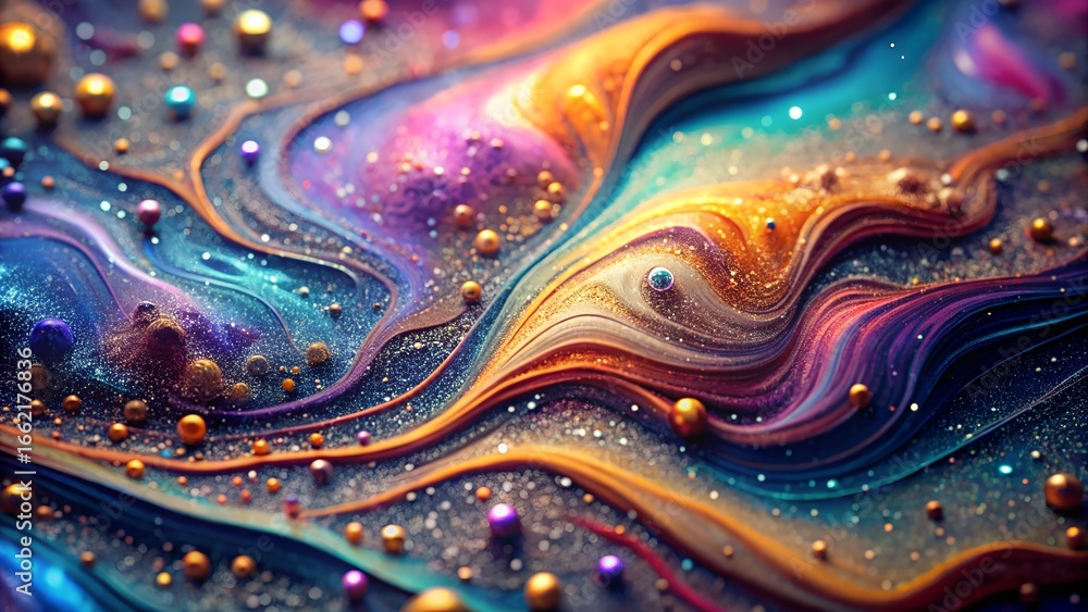 Poster a mesmerizing abstract art piece featuring swirling colors and glittering particles, creating a vibr