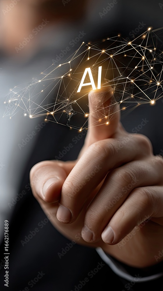 Poster digital connection with artificial intelligence concept highlighting a finger touching glowing ai le