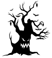 Haunted cursed tree with sinister face, twisted branches like claws, screaming mouth with sharp teeth, surrounded by bats, dark shadows and ghostly spirits in nightmarish horror forest of eternal dark