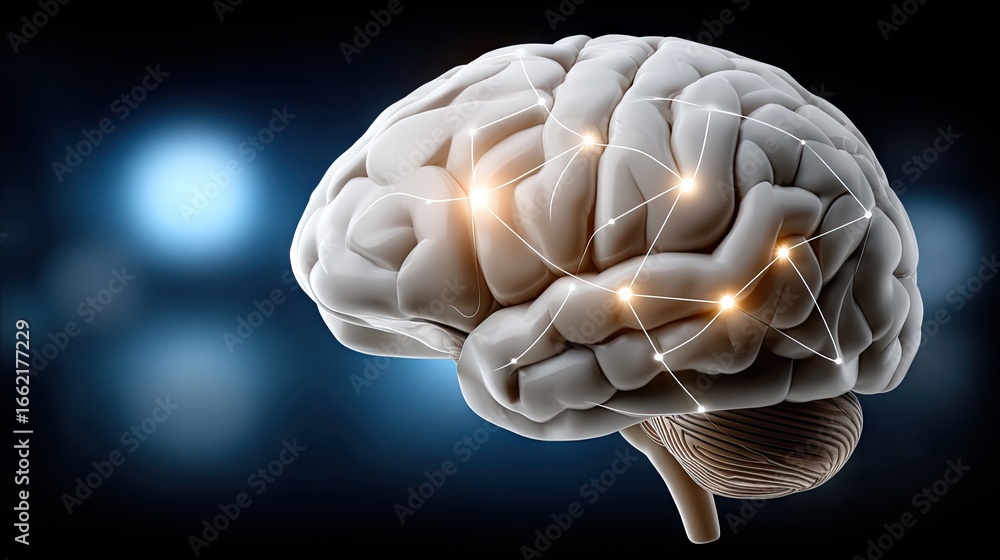 Poster visualization of human brain highlighting neural connections and activity in a dark, abstract backgr