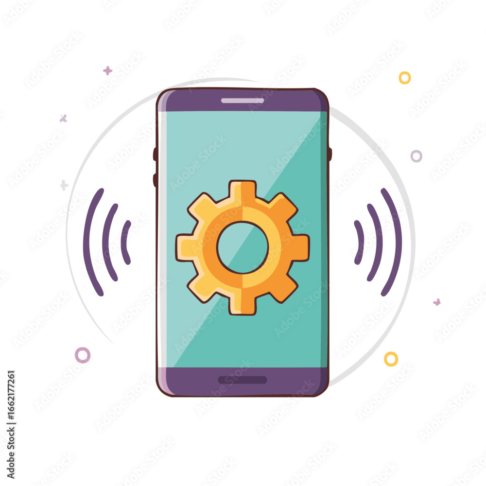 Poster smartphone displaying cogwheel with wireless signals, mobile setting configuration and connection