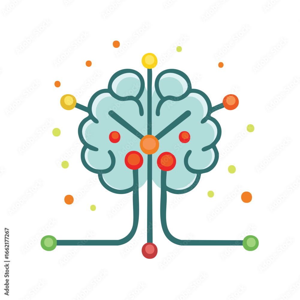 Poster stylized brain network connectivity with colorful nodes depicting neuronal connections and cognitive