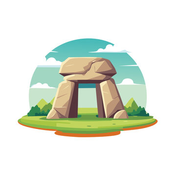 Prehistoric monolithic trilithon monument sits on green meadow with mountain landscape and stylized sky in a minimalist cartoon art style