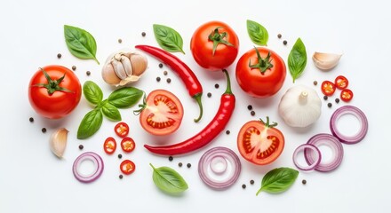 Fresh tomatoes, basil, peppers, garlic, and onion isolated on white background