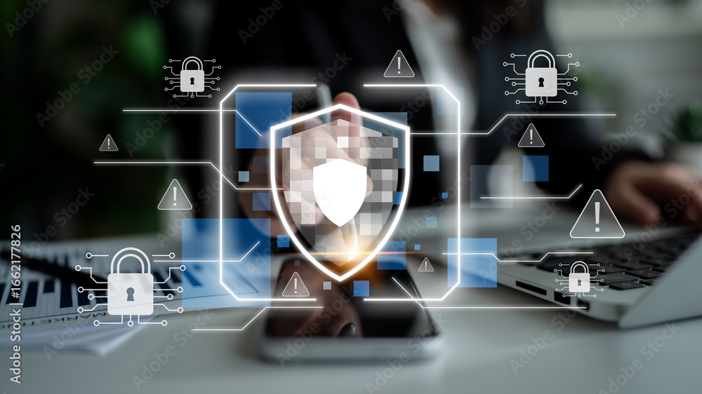 Poster cyber security protects against breaches, hacks, and network attacks using strong infrastructure and